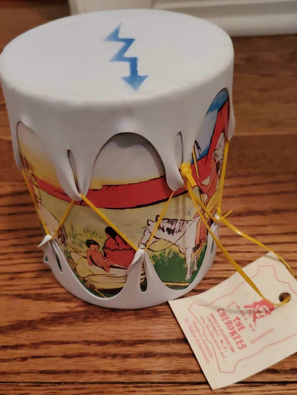 Vintage - Cherokee Toy Drum with Yellow Lacing and Colorful Scene